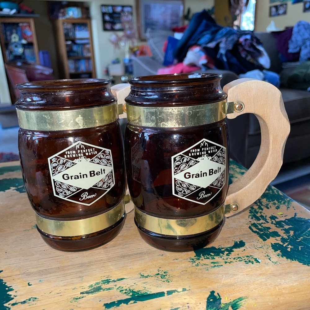 Vintage grain belt beer mugs with wooden handle
